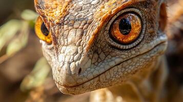 Lizard with a yellow face and brown eyes. The eyes are large and seem to be staring at the camera photo