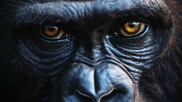 Close up of a gorilla's face with its eyes open and looking at the camera. Concept of curiosity and intensity, as if the gorilla is trying to communicate with the viewer photo