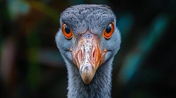 Bird with an orange beak and a gray face. The bird has a menacing look on its face photo