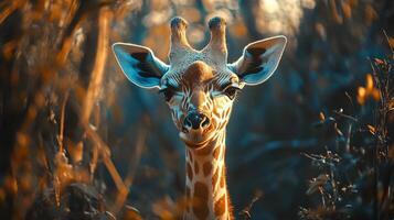Giraffe is standing in a forest with a blue and orange background. The giraffe is looking at the camera with a curious expression photo