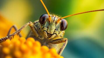 Bug with a yellow flower in the background. The bug is looking at the camera. The flower is yellow and has a lot of petals photo