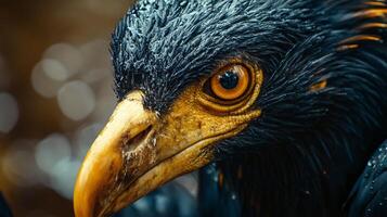 Close up of a bird's face with a yellow beak and an orange eye. The bird appears to be wet and has a fierce look on its face photo