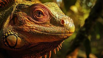 Lizard with a green and brown face is looking at the camera. The lizard has a long tongue and is resting on a branch photo