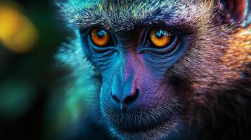 Monkey with a blue face and yellow eyes. The monkey is looking at the camera. The blue face and yellow eyes give the monkey a unique and interesting appearance photo