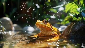 Frog is sitting in a pond with water splashing around it. The frog is yellow and he is enjoying the water photo