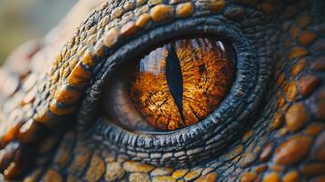 Close up of a dragon's eye with a dark brown iris and a yellowish-orange pupil. The eye is surrounded by a pattern of brown and orange scales, giving it a fierce and intimidating appearance photo