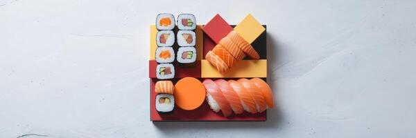 Sushi platter with geometrically arranged rolls and sashimi photo