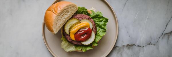 Flat lay of a burger with neatly arranged ingredients on a marble surface. photo