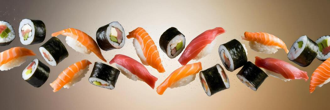 High-speed photo of floating sushi pieces with space for text