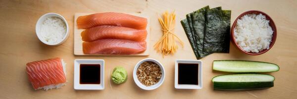 Flat lay of sushi-making ingredients arranged in a circular pattern photo
