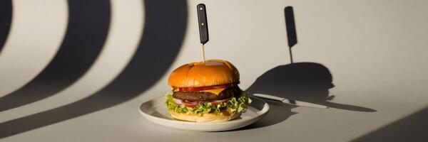 Photo of a burger casting shadows on a neutral background.