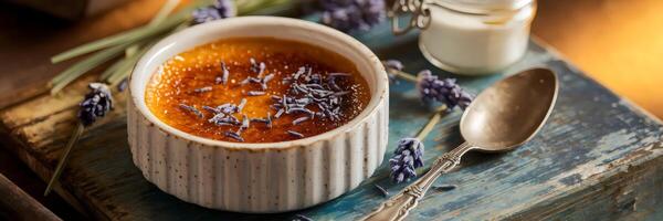 Lavender-infused creme brulee with caramelized sugar crust in rustic ramekin photo