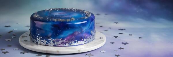 Galaxy mirror glaze cake with swirling blue, purple, and silver photo