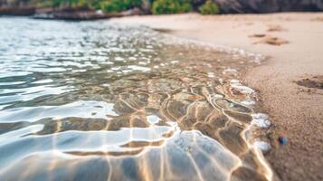 Close-up of gentle waves lapping at a sandy beach with sparkling water reflections, creating a serene and tranquil atmosphere. photo