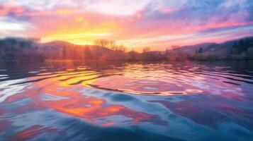 A stunning sunset over a tranquil lake, with vibrant hues of orange, pink, and purple reflecting on the water's surface, creating a serene atmosphere. photo