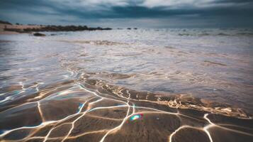 A serene view of rippling ocean water under a moody sky, capturing the play of light and color reflections on the surface, evoking tranquility and calm. photo