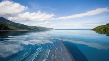 Serene infinity pool reflecting the mountains and sky on a sunny day, creating a tranquil escape. photo