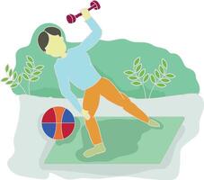 a man is doing a workout with a ball and dumbbells vector