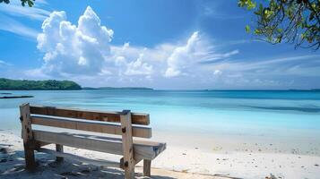 Serene Beach View with Empty Wooden Bench photo