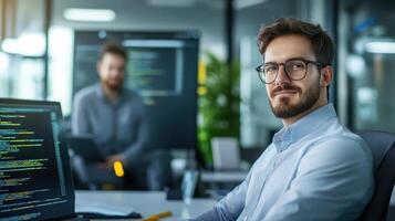 Professional Developer Working in Modern Office with Computer Display photo