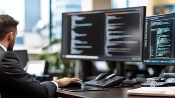 Professional Developer Working at Modern Office with Code on Screens photo