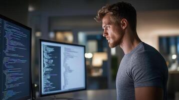 Concentrated Young Man Coding at Computer Desk in Modern Office photo