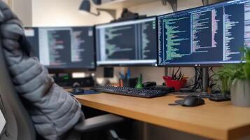 Modern Workspace with Dual Monitors and Cozy Chair for Coding photo