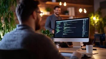 Man Working on Computer with Code in Modern Office Environment photo