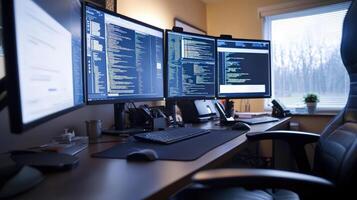 Modern Computer Desk Setup with Multiple Monitors and Technology photo