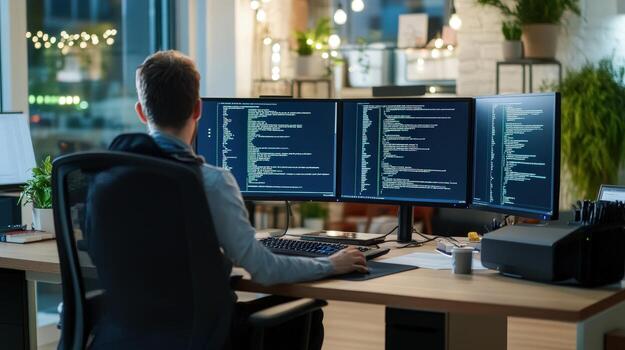 programador trabajando en moderno oficina con múltiple monitores foto