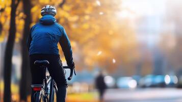 Person riding bicycle in autumn park with colorful leaves falling photo