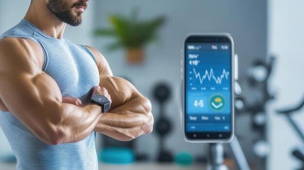 Fit Man with Smartwatch Examining Health Data on Smartphone Screen photo