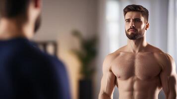 Confident Man Staring at Reflection in Mirror with Natural Light photo