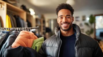Smiling Man Wearing Puffer Jacket in Trendy Clothing Store photo