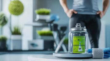 Fresh Green Smoothie in Glass Jar on Kitchen Counter Near Exercise Area photo