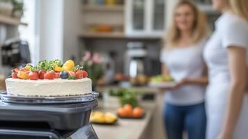 Fresh Baked Cake with Fruits in Cozy Kitchen Setting photo