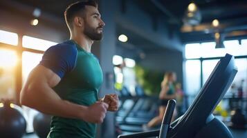 Focused Male Athlete Running on Treadmill in Modern Gym Environment photo