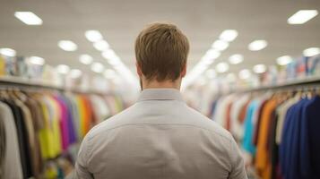Man Browsing Clothing Aisles in Retail Store with Colorful Apparel photo