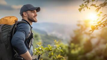 Young Male Hiker Enjoying Scenic View During Sunrise in Nature photo