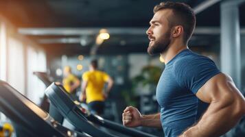 Determined Man Exercising on Treadmill in Modern Gym Environment photo
