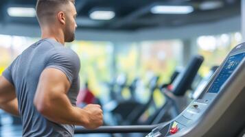 Young Man Running on Treadmill in Modern Gym Environment photo