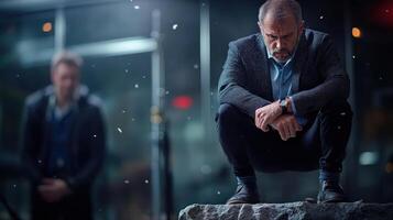 Contemplative Man Seated on Rock in Urban Environment at Dusk photo