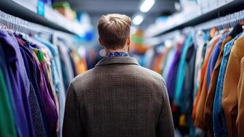 Man Browsing Rows of Colorful Clothing in Vintage Store photo