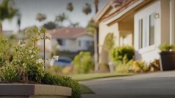 Serene Front Yard Landscape with Soft Flowering Plants and Pathway photo