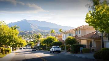Scenic Suburban Street with Mountains and Lush Greenery photo