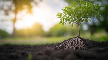 Young Tree with Strong Roots Growing in Sunlit Soil Environment photo