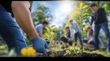 Community Volunteers Engaging in Tree Planting Activity Outdoors photo