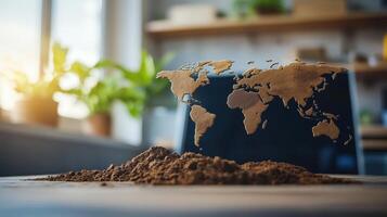Wooden World Map Floating Above Soil in Modern Indoor Setting photo