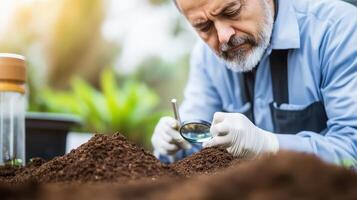 Researcher Analyzing Soil Samples with Magnifying Glass Outdoors photo