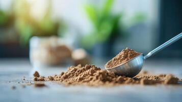 Freshly Scooped Brown Powder on Wooden Surface with Green Background photo
